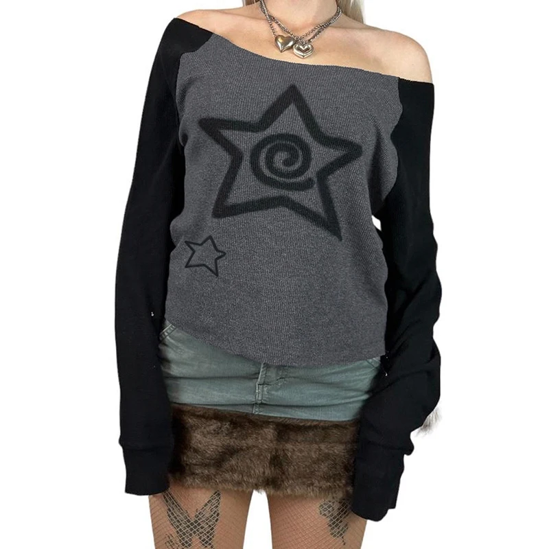 Уличная женская футболка Darlingaga с разрезом на шее и звездой длинным рукавом