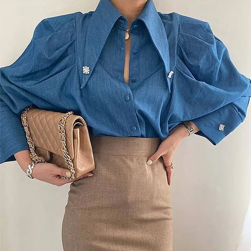 

J GIRLS Spring Retro Denim Shirt Korean Chic Turn-down Collar Button Top Female Puff Sleeve Solid Elegant Womens Blouses