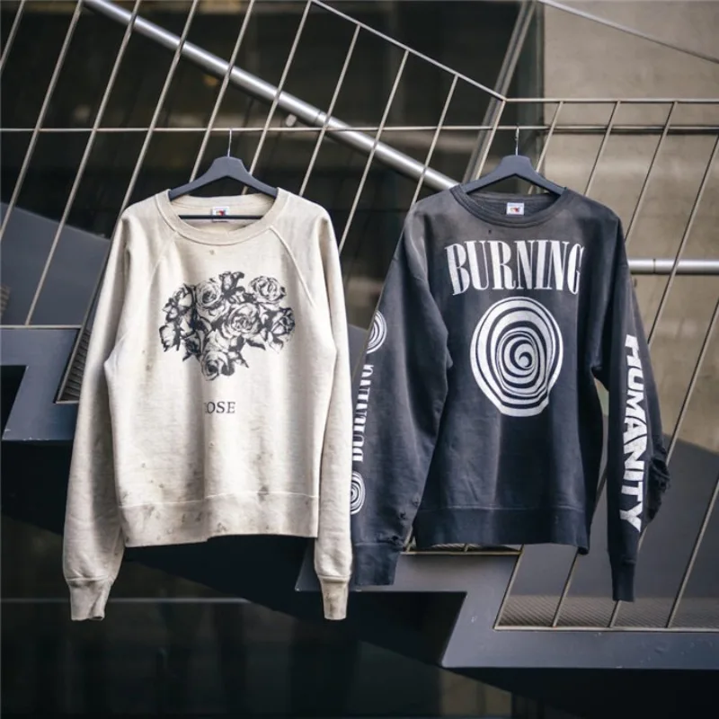 

23ss Saint Michael Oversized Men Hoodies 1:1 Best Quality Washed Rose Print Women Pullovers