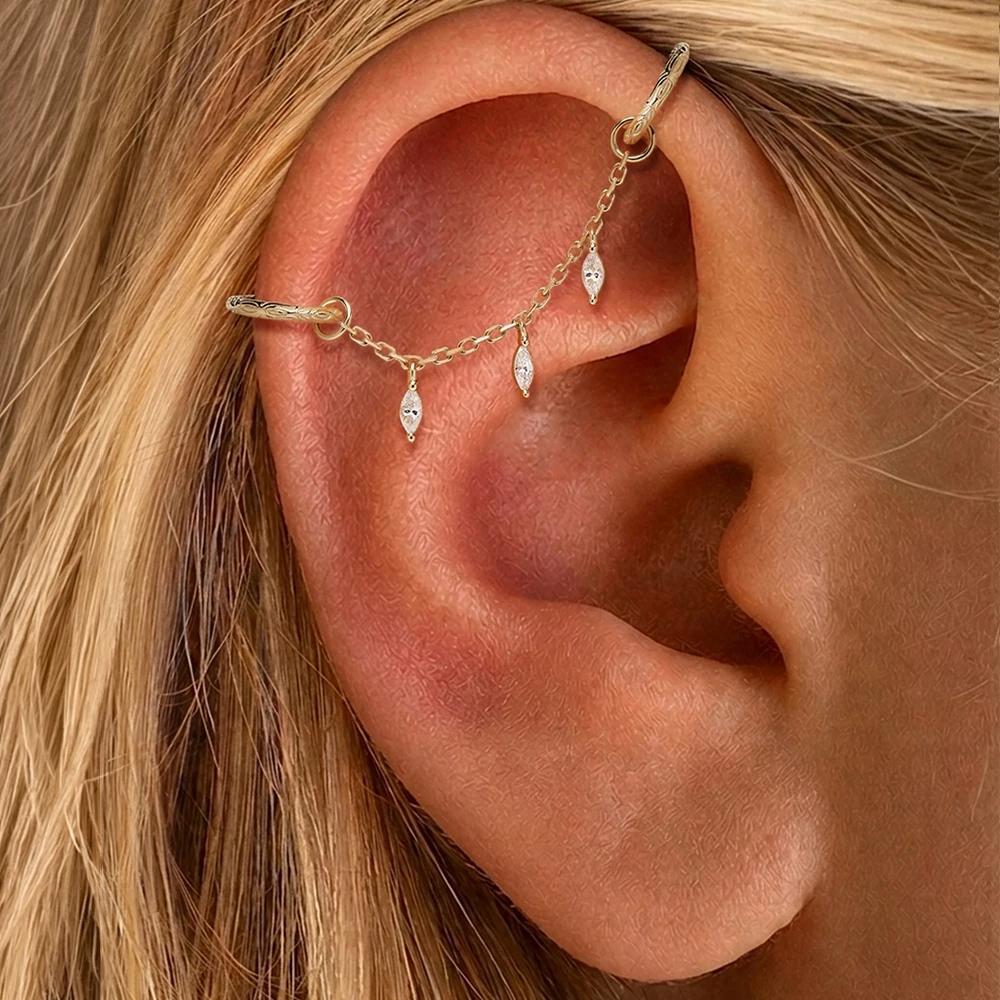 Серьга-цепочка CANNER 1 шт. из цельного золота 14K с кисточкой и фианитами, минималистичная, для пирсинга хеликса, трагуса, конча, подарок для женщин (art.: 3920dc65de660) - 3920dc65de660