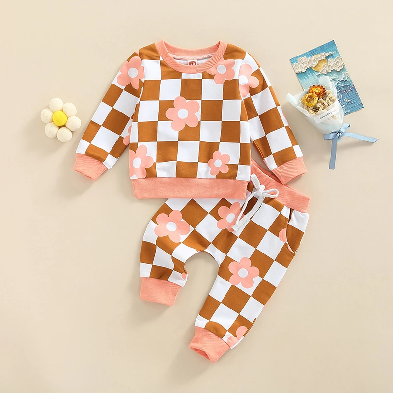 

Toddler Baby Girls Casual Clothes Suit Checkerboard Flower Printed Long Sleeve Sweatshrt Tops Pockets Patchwork Long Pants