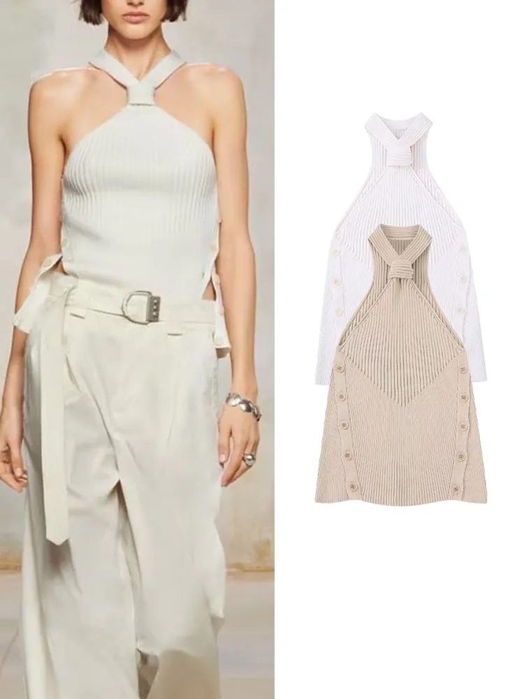 

TRAF Summer Women Solid Knitted Top 2023 Causal Sleeveless Halter Pullover Simple Vintage Both Side Button Shirts Two Colors