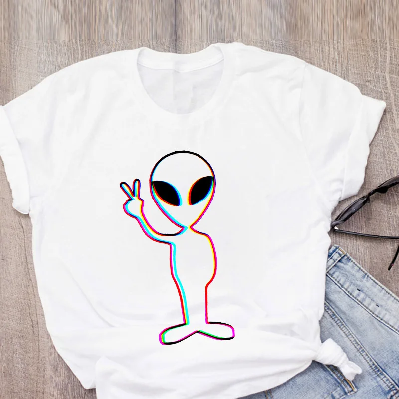 

Ladies Funny Streetwear T-shirt Cute White Tops Female Clothing Alien Graphic T Shirts Cartoon Print Y2k Clothes Women's Tees