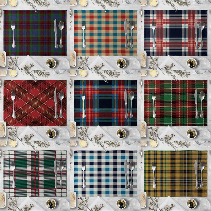 

Scottish Plaid Cotton Linen Kitchen Placemat Colorful Lattice Heat Insulation Dining Table Mat 42x32cm Coaster Pad Home Decor
