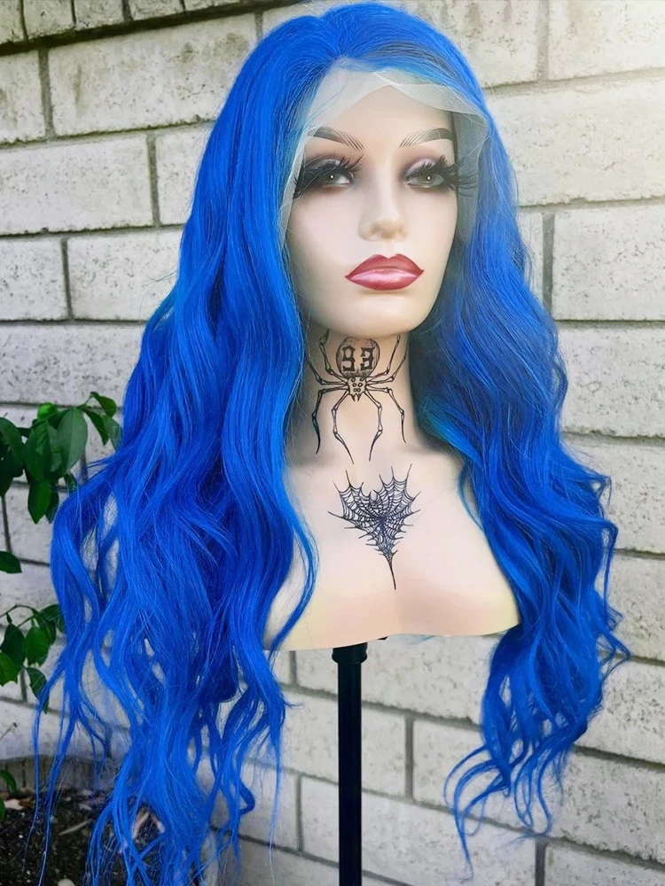 28 Inch Synthetic Lace Front Wig Long Natural Wave Wigs Soft Blue Lace Front Wigs For Black Women Cosplay  Heat Resistant Fiber