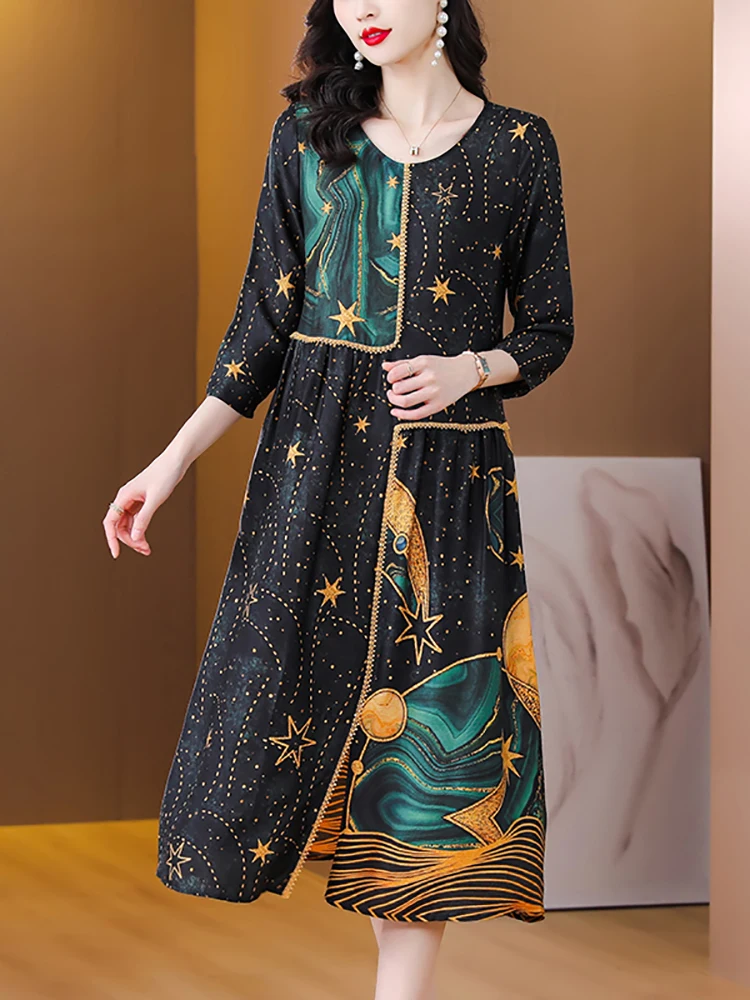 

Женское шелковое платье-миди с длинным рукавом и принтом, весна-лето