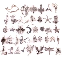 40pcs mix silver color animal duck lizard pig crown conch dragonfly moon tree charms pendant for jewelry making diy accessories