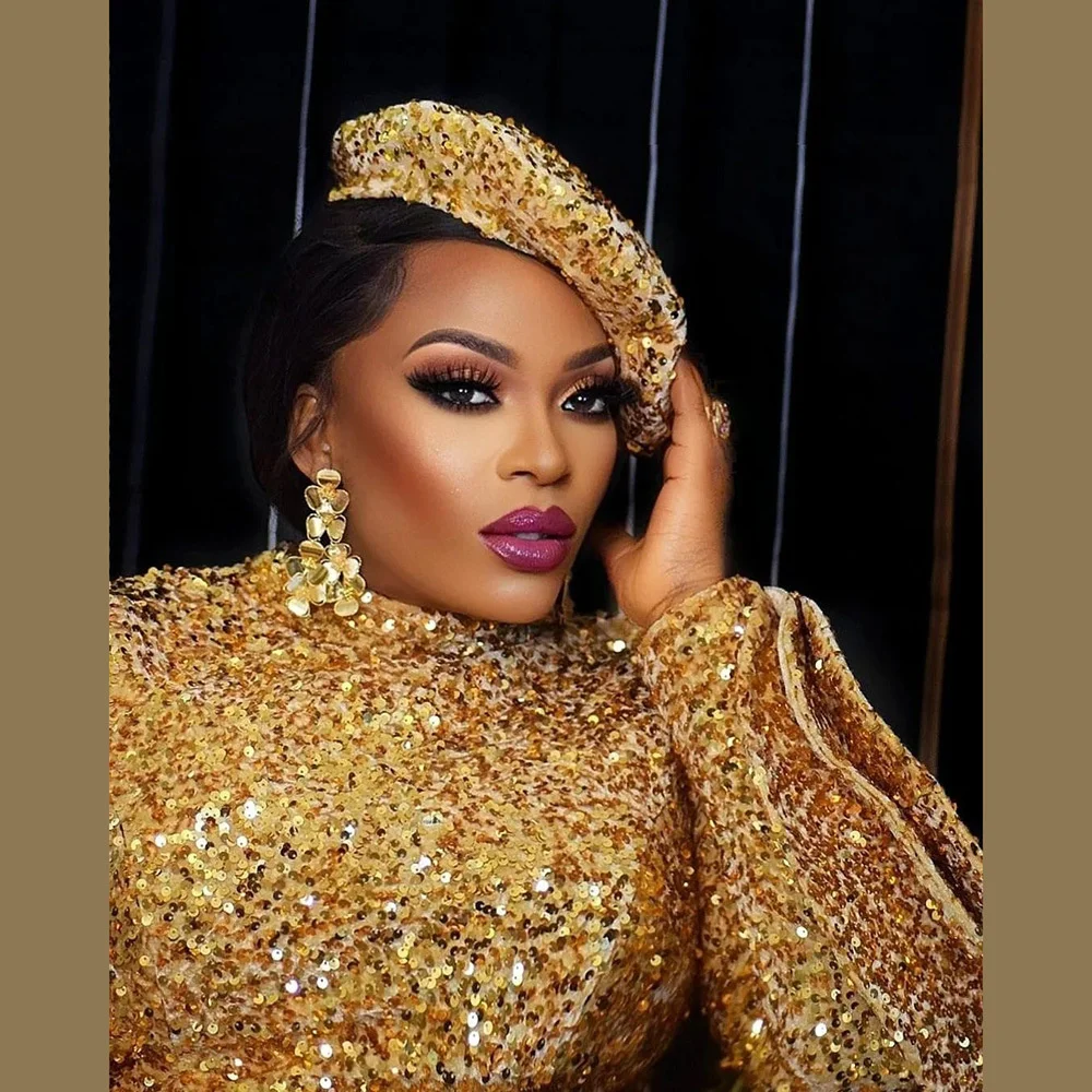 Plus Size Women Evening Party Dresses Women Gold Sequined Long Dress With Cap Elastic Sequined Long Sleeve Elegant Dress