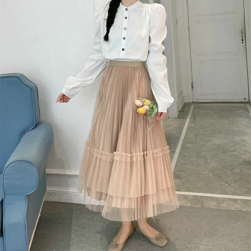 Spring Summer Casual Pleated Tull Skirt Women Fashion Cute Midi Long Velvet Skirts Female Black All-match Mesh Skirt