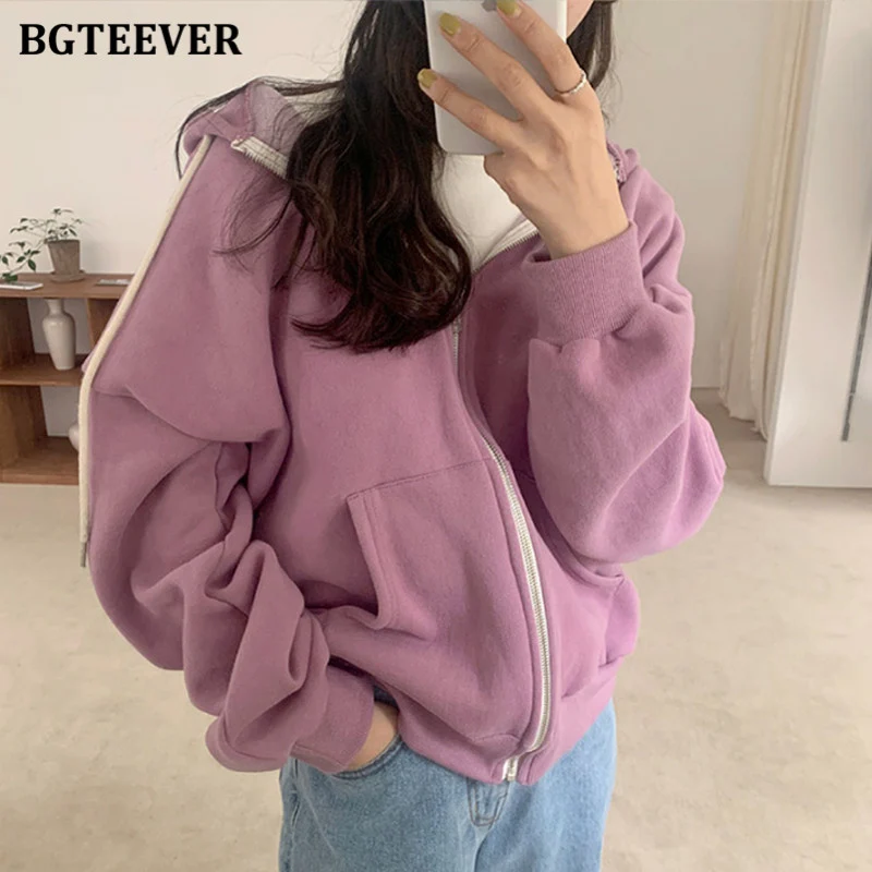 

Повседневный женский кардиган BGTEEVER с длинным рукавом, свитшоты, осенне-зимние женские толстовки на молнии, верхняя одежда, топы