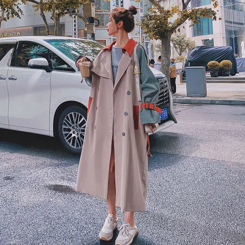 

Женская Весенняя длинная контрастная простроченная ветровка, новинка 2021, тренчкот в стиле пэчворк, повседневная женская куртка в английском стиле, тонкое пальто