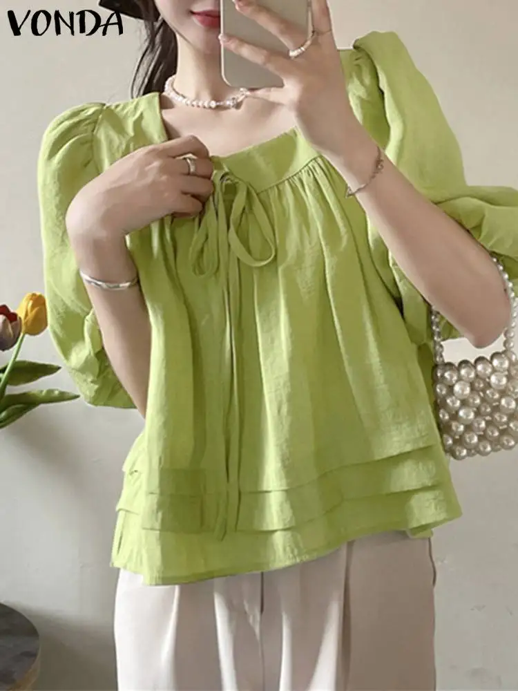 

VONDA Women Blouse 2023 Elegant OL Shirts Summer Tops Casual Solid Color Tunic Sexy Square Collar Pleated Loose Blusas Feminina