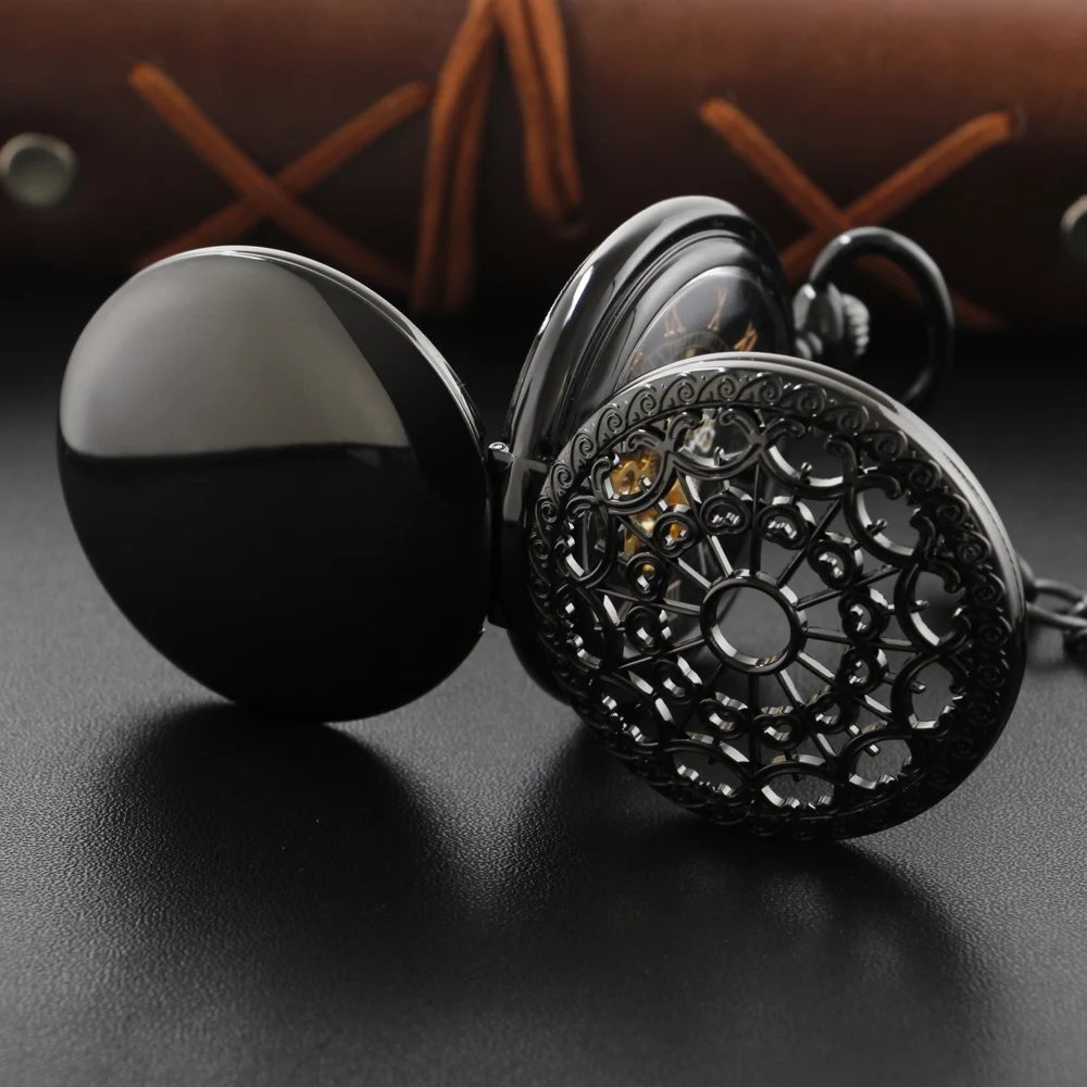 Black Hollow Double Opening Manual Gentleman Mechanical Pocket Watch Vintage Men's Necklace Pendant Clock Women's Jewelry Gift