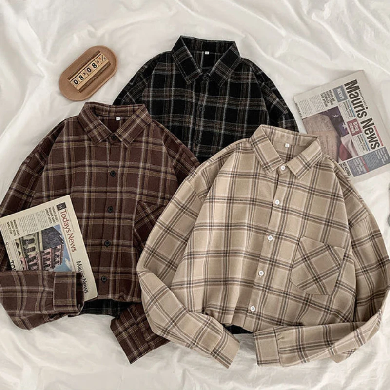 New in Women Shirts Baggy Plaid Long Sleeve Chic Fashion Simple Casual New Females Spring Tops All-match Streetwear Retro Ulzzan