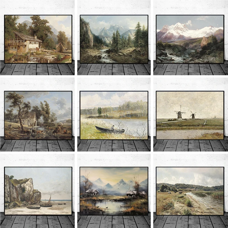 Винтажная ветряная мельница деревенский дом овца крупный рогатый скот лесной