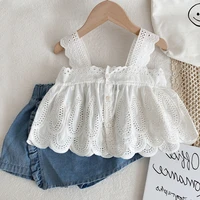 girls set new fashion girls baby lace camisole tops denim culottes two piece childrens summer clothes suits