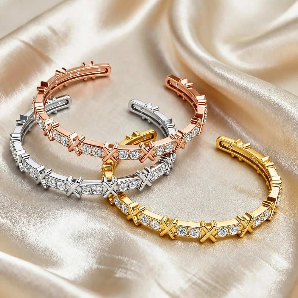 Фото Браслет-манжета с кристаллами Swarovski в форме буквы X, модный браслет для женщин и мужчин, белый, многослойный, для вечеринок и повседневной носки, очаровательное украшение №4