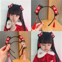 2022 new fur ball head band for kids little girl wig braids headband red flower hairband tassel pearl headwear birthday gift