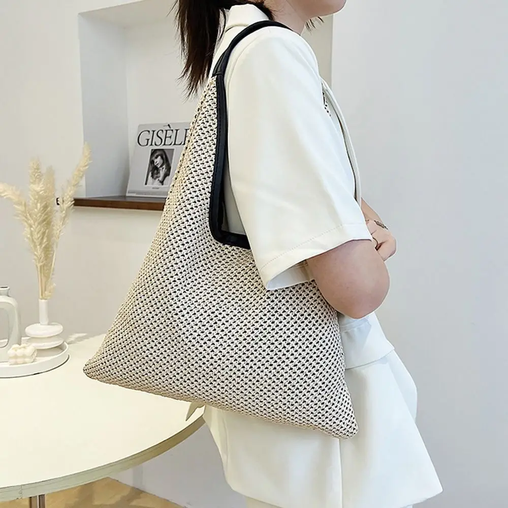 

Leather Handle Straw Woven Beach Handbag Reusable Large Capacity Ins Style All-match Geometric Beach