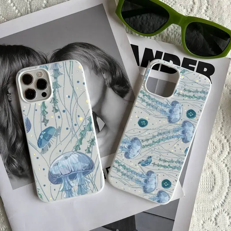 

Jellyfishes hand painted art pattern Phone Case Candy Color for iPhone 6 7 8 11 12 13 s mini pro X XS XR MAX Plus