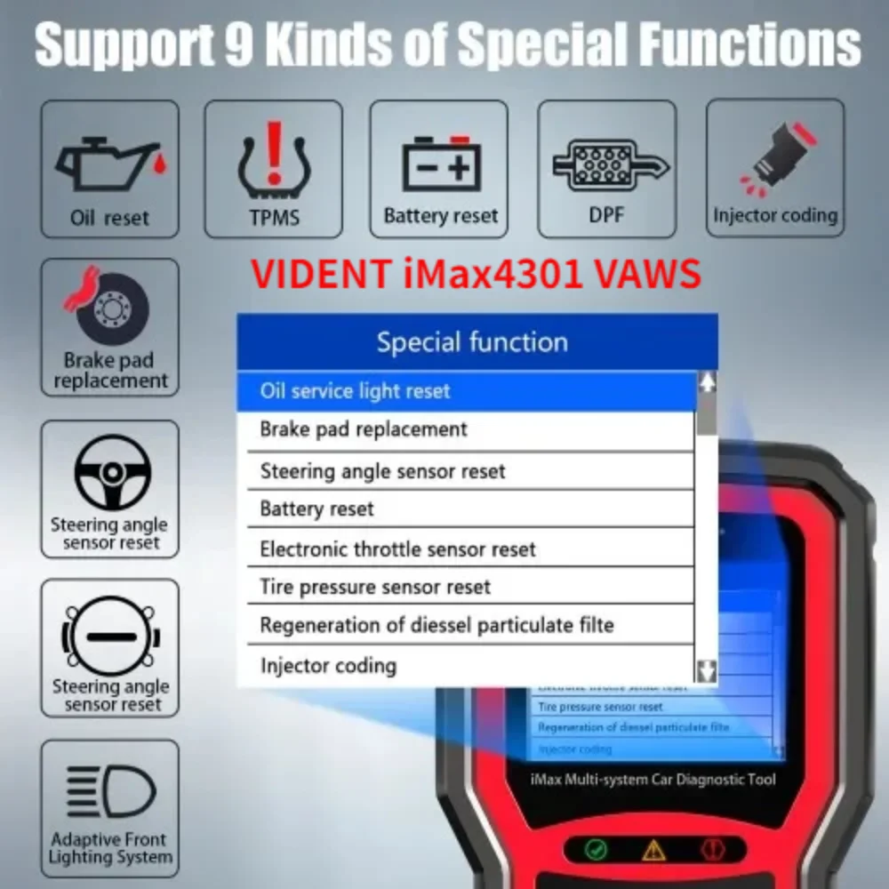 Фото Новый диагностический инструмент VIDENT IMax4301 VAWS V-A-G OBD с поддержкой 9 специальных функций и 16 сервисных функций, считыватель кодов OBDII. №2