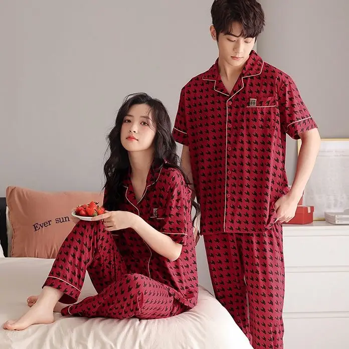 Yasuk Spring Summer Women's Men's Casual Soft Sleepwear Couple Pajamas With Pants Cotton Pullover Thousand Birds Plaid BigSize