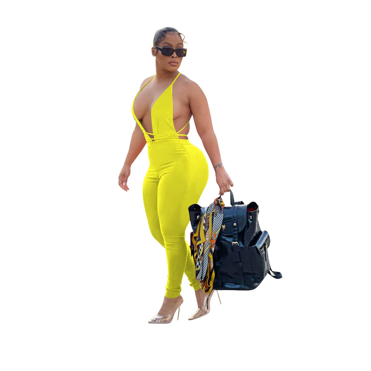 Женский комбинезон с лямкой на шее однотонный Длинный открытой спиной женский