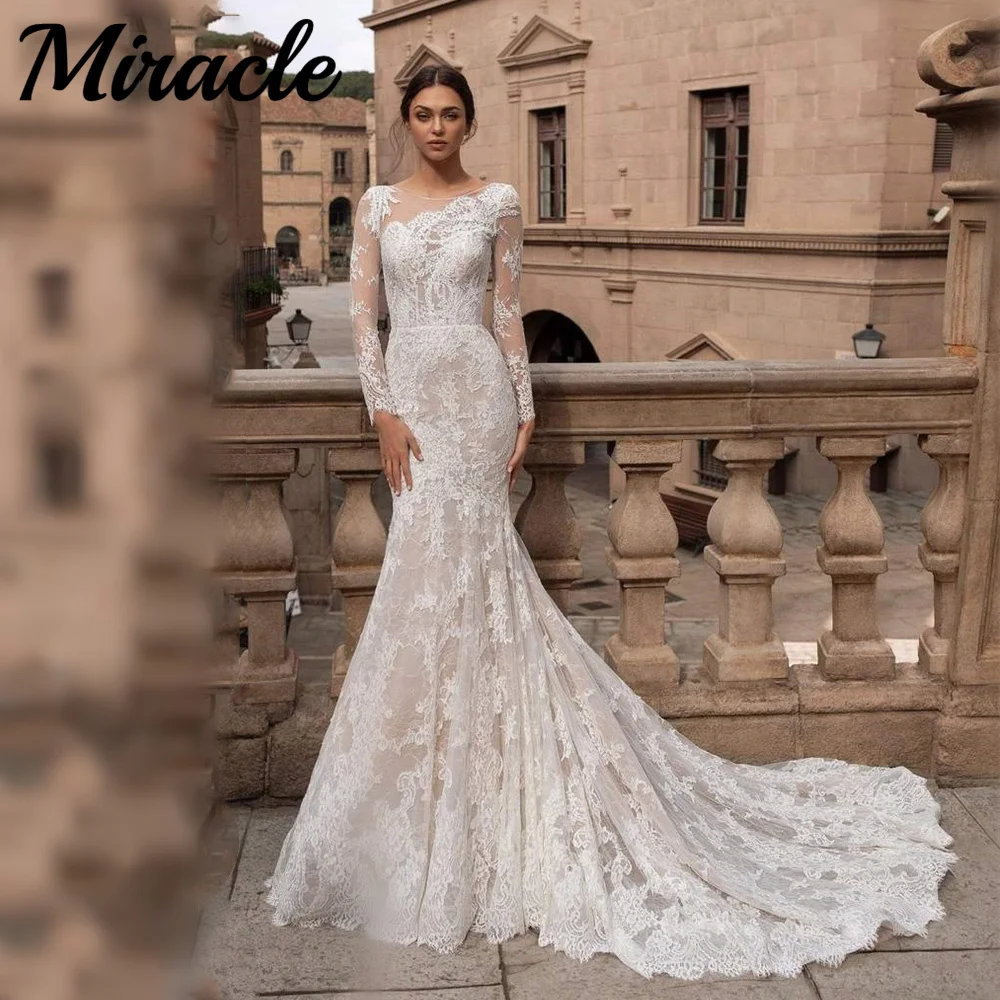 

Роскошное кружевное свадебное платье с длинным рукавом, платье-Русалка с глубоким вырезом, свадебные халаты на пуговицах, с открытой спиной...
