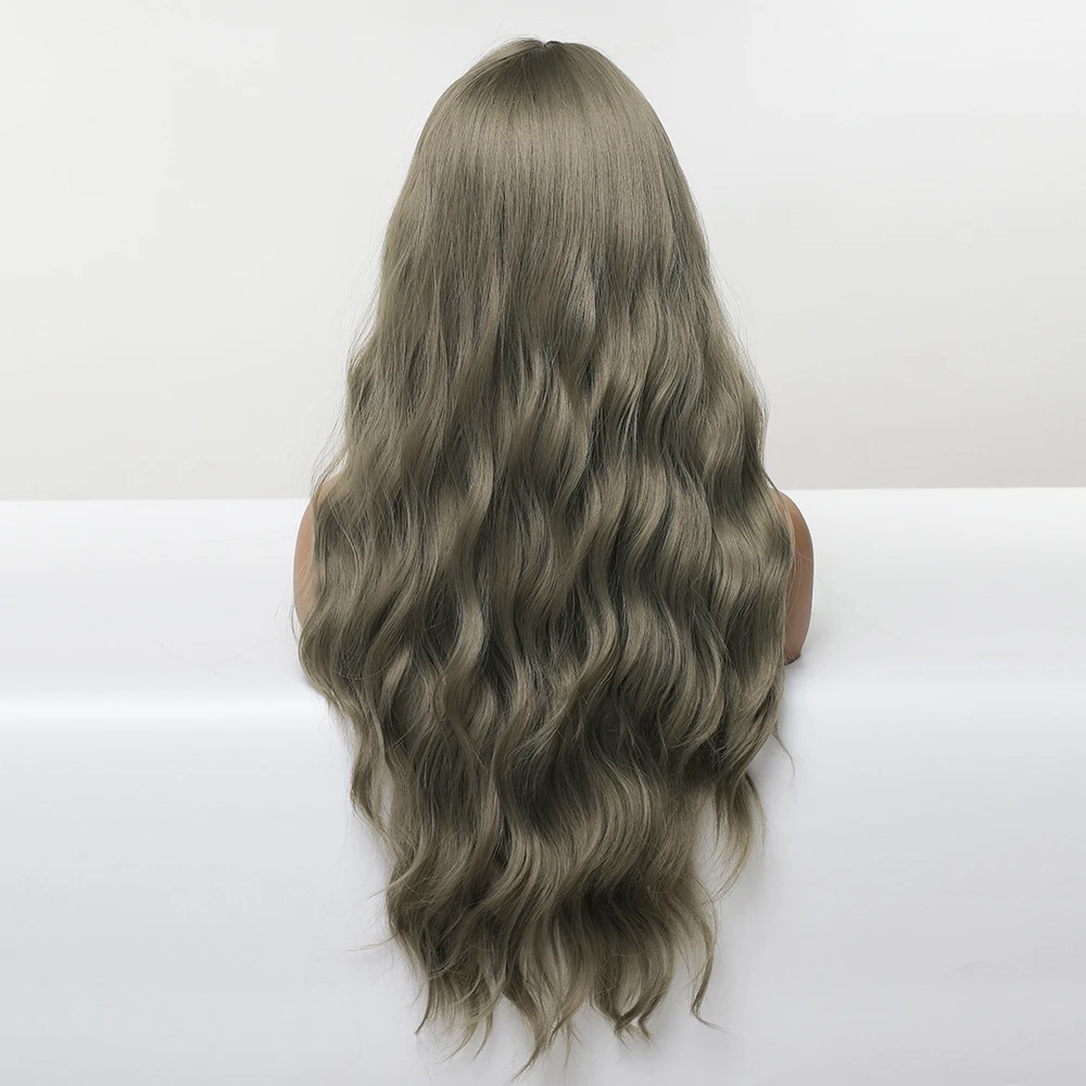 Длинные волнистые синтетические парики с челкой оливковые серые натуральные
