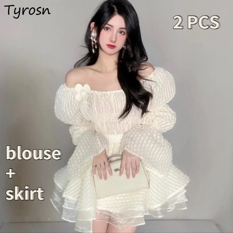 

Mini Skirts Sets Women Design Elegant Blouses Patchwork Casual Korean Style Female Temperament Puff Sleeve Summer Daily Simple