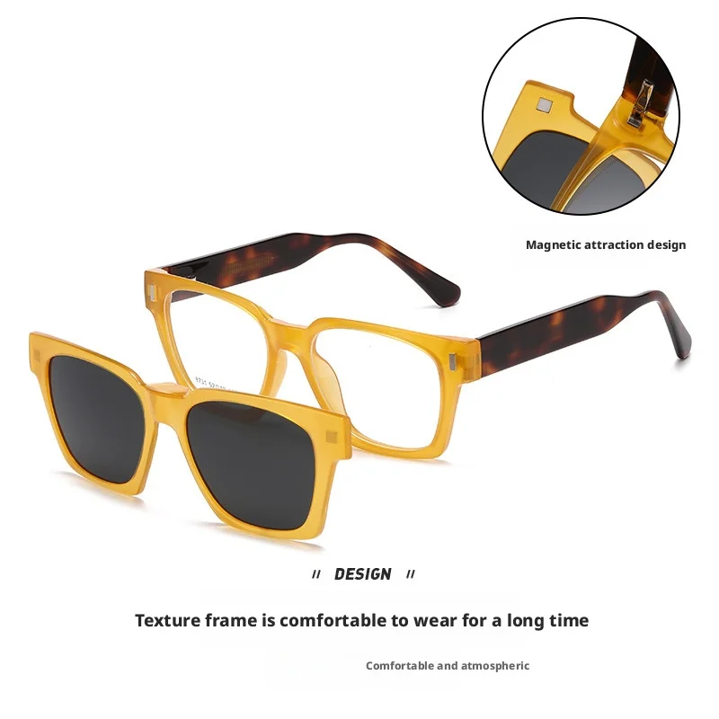 Фото YCFoya женские 2-в-1 ацетатные очки TR90 с магнитной оправой, трендовые желтые поляризационные мужские очки, квадратные оптические очки по рецепту 8731 №3