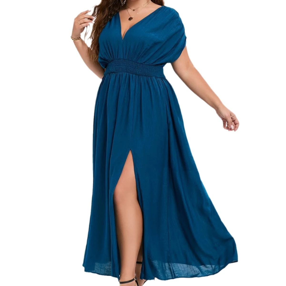 Plusee Summer Dresses Large Size Solid Color V-Neck Elastic Waist Evening Dresses Split Plus Size Fashion Casual Female Dresses