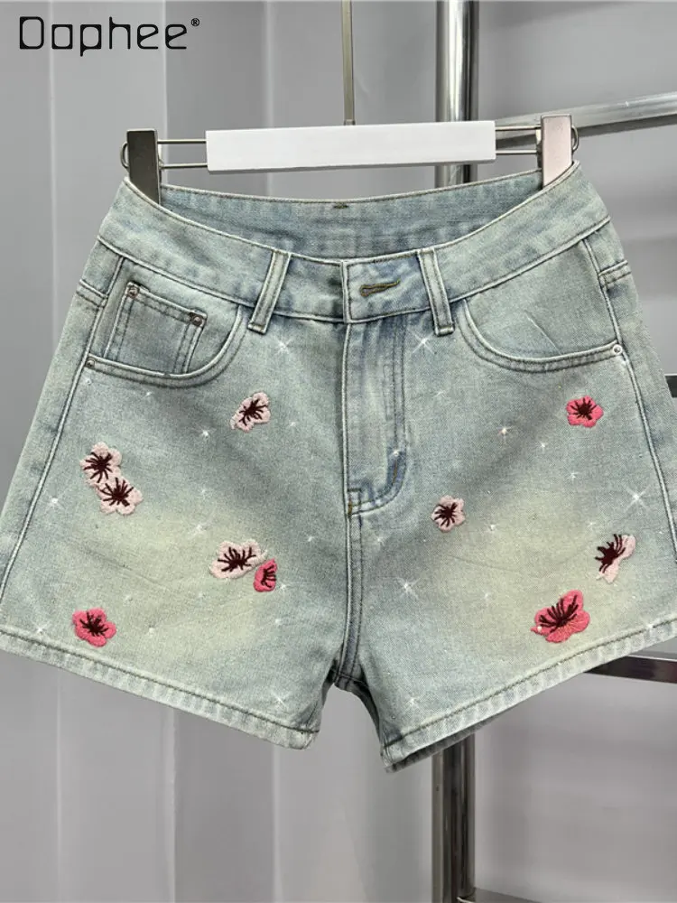 

Embroidered Hot Fix Rhinestone Denim Shorts for Women 2023 Summer New Ins All-Match High Waist Slim Fit Jean Wide Leg Hot Pants