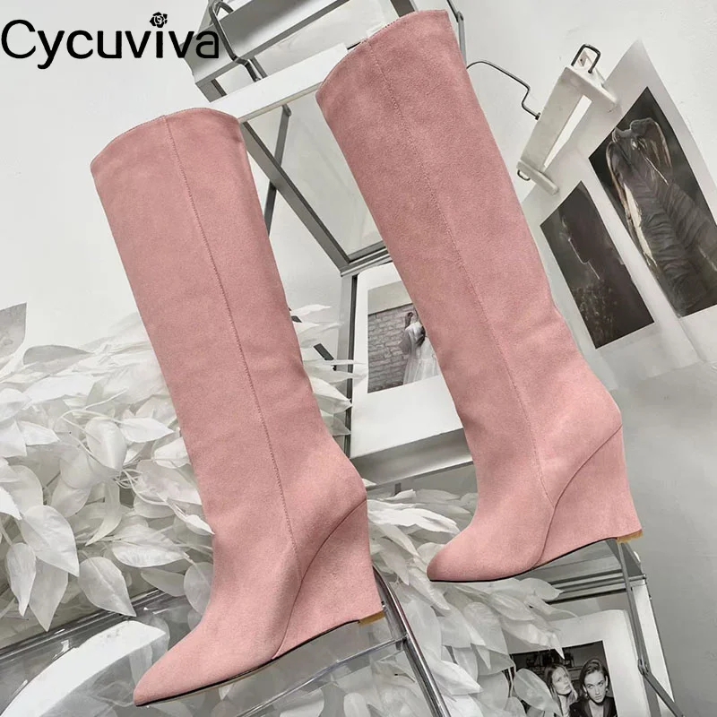 

Quality Suede Leather Knee High Boots Women Super Wedge Heel Modern Long Boots High Heel Party Shoes Women 2022 Botas Mujer