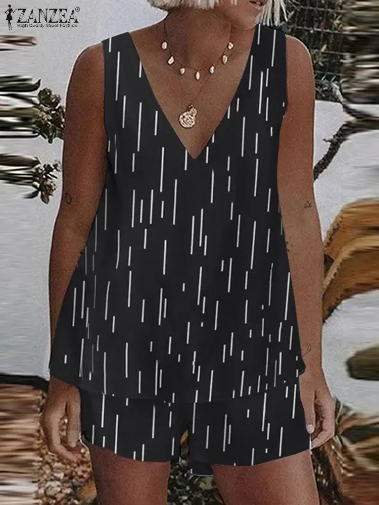 

ZANZEA Summer Vintage Two Piece Sets Womens Bohemian Short Sets Loose Sleeveless Tanks Tops Matching Sets Tracksuits Outifits