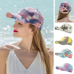 2022 New Ponytail Baseball Cap for Women Colorful Tie Dye Woman Cap Cotton Summer Sun Hat High Messy in Pakistan
