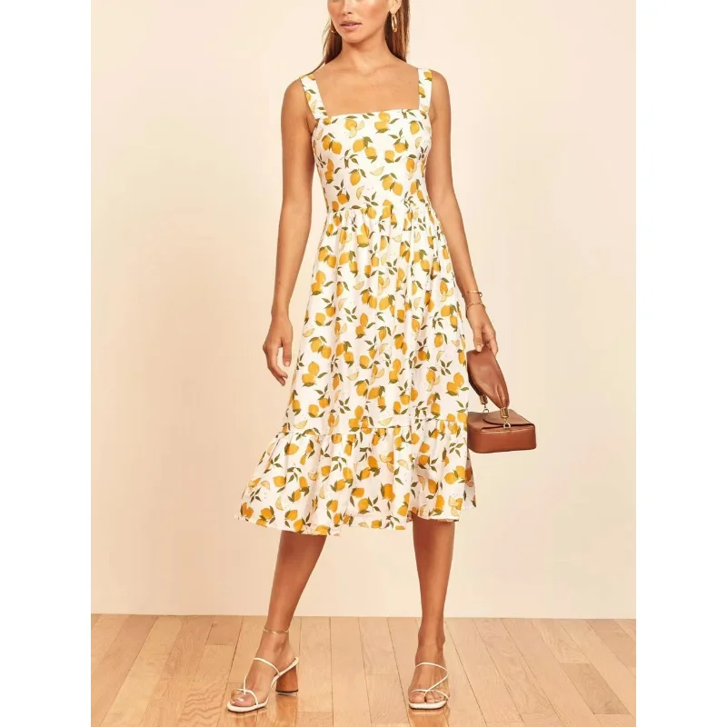 2023 Summer Top Quality Women Fashion Linen Beach Style Floral Print  Flounced Edge Square Collar Camisole Mini Dress