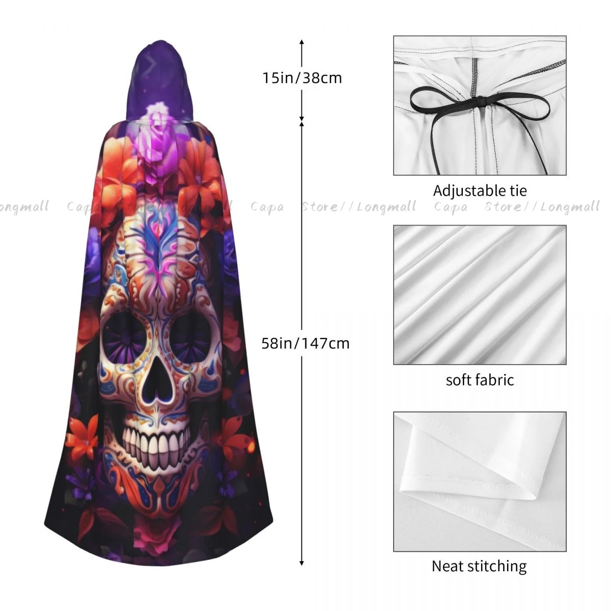 Череп с цветами и листьями плащ капюшоном пальто карнавальный костюм на Хэллоуин