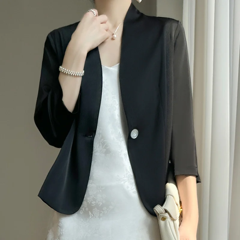 Three-Quarter Sleeve Acetic Acid Satin Small Suit Jacket Women's Summer Thin Suit Jacket High-Grade Casual Jacket Sleeve