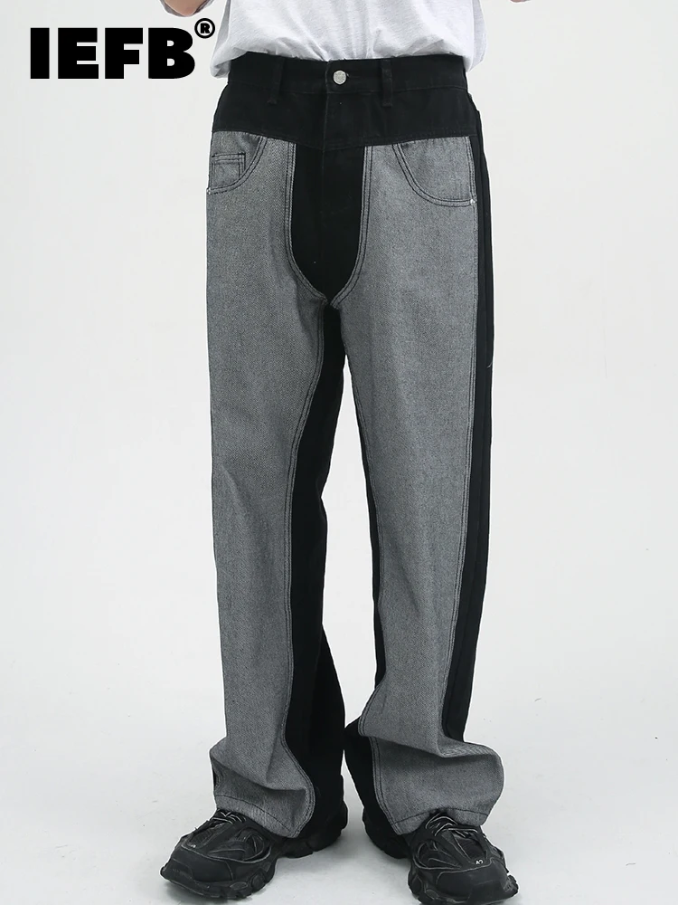 

IEFB Men's Wear Jeans New Korean Loose Fashion Stitched Contrast Color 2023 Summer Patchwork Vintage Male Pants Temperament