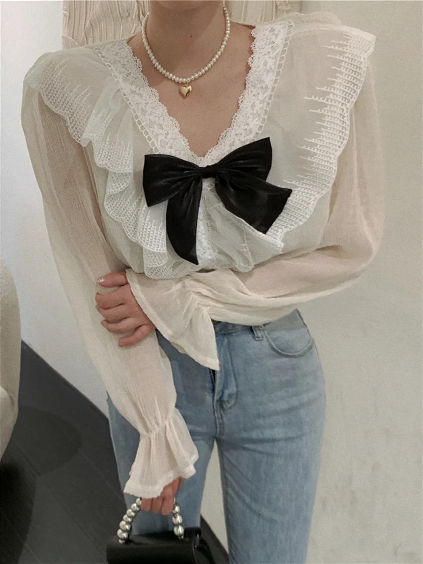 

New Apricot Women Shirts Lace Ruffles Chic Elegant Chiffon Office Lady Fairy New Casual Work Wear Slim Gentle V-Neck