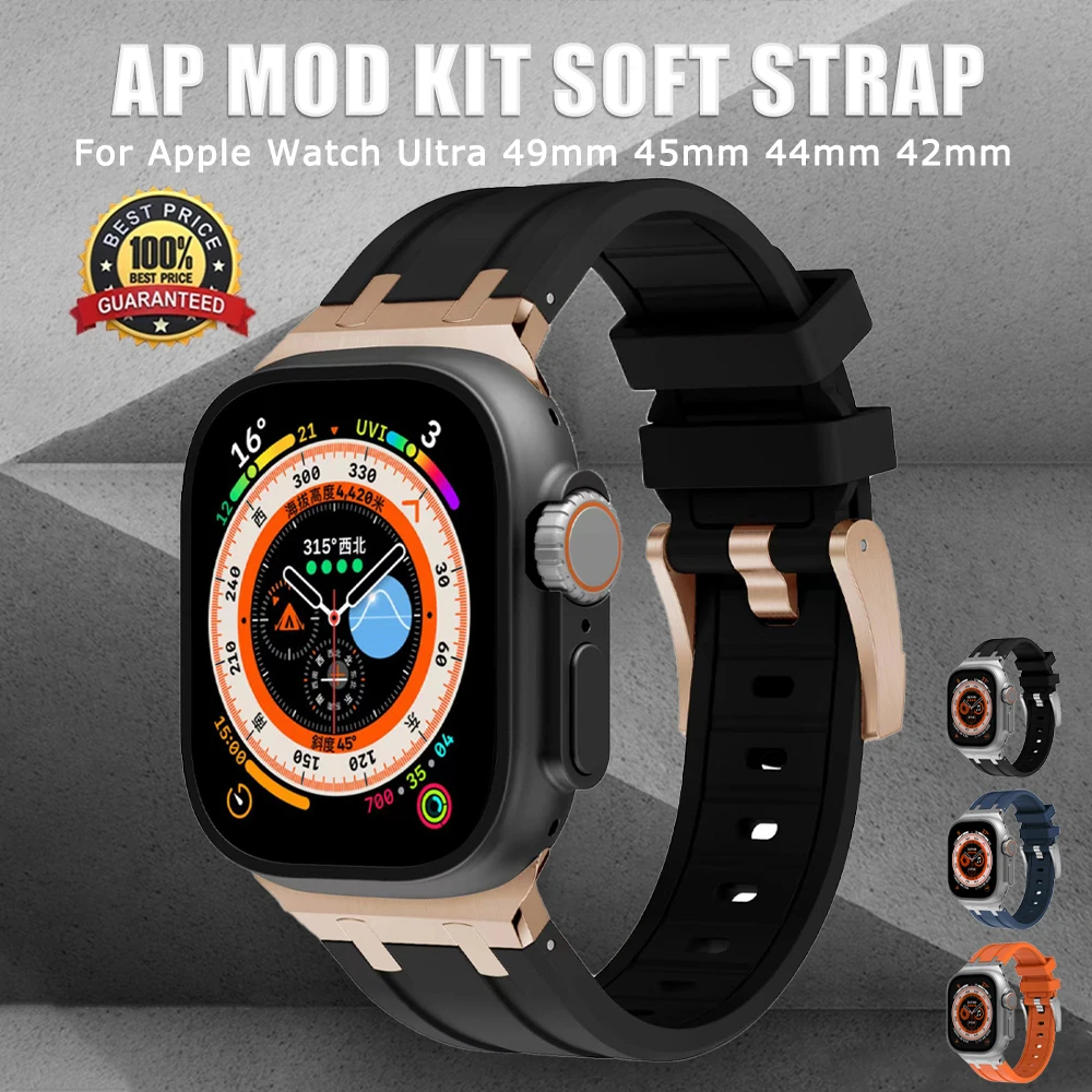

Luxury Soft Rubber Strap For Apple Watch Band Ultra 49mm 8 7 45mm AP Modification Kit Band For iWatch 6 5 4 SE 44mm 42 Bracelet