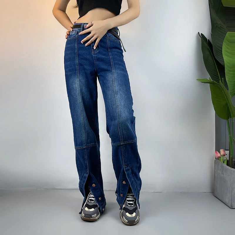 

Hot Sale 2023 Fashion Women Loose High Waist Jeans Lady Vintage Y2K Punk Hip Hop Denim Pants Dark Blue treetwear Cargo Split Tr