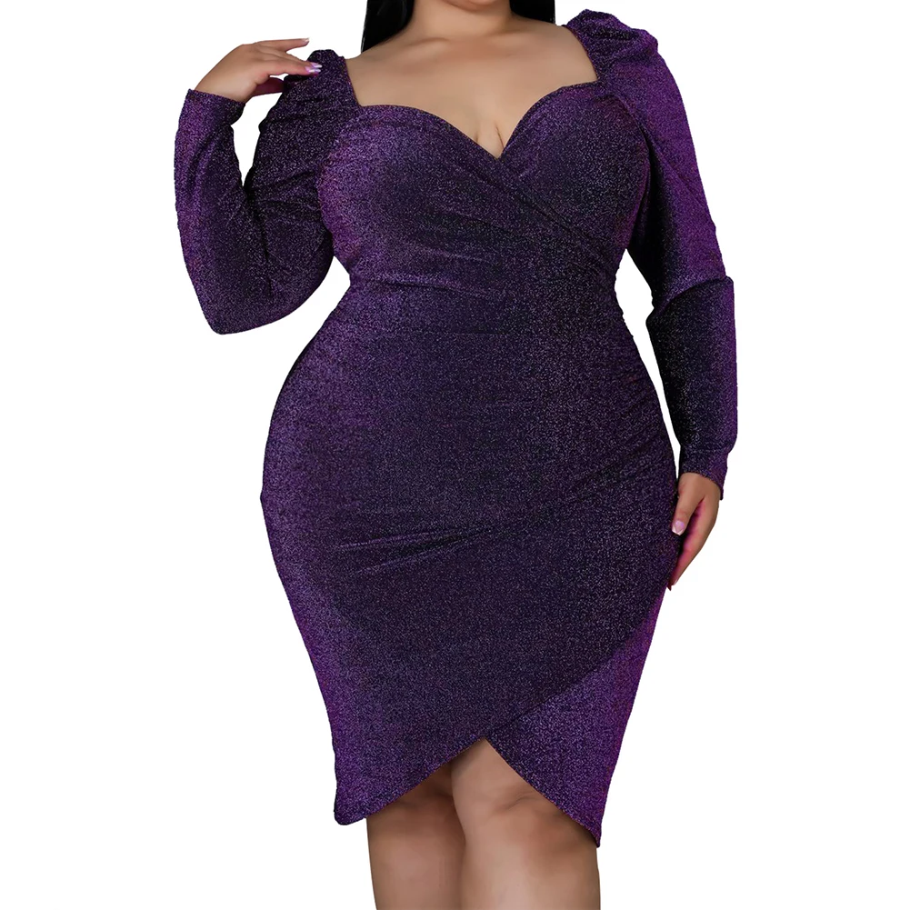 

Plus Size Women Sexy V-Neck Irregular Short Skirt Long Sleeve Slim Evening Dress Slim Sexy Thin Bright Silk Dress