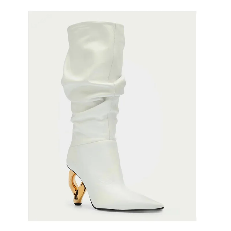 

Pointed Toe Metal Shaped Heel Mid-Calf Boots Woman Winter 2022 White Pleated Slip-On Boot Female Fashion Silver Shoes for Women