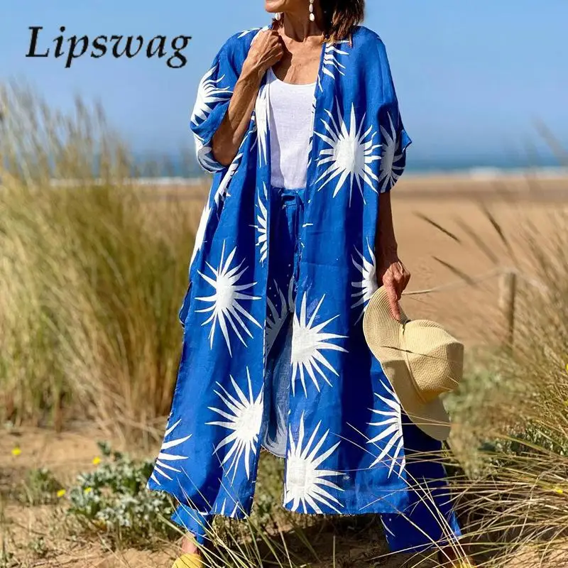 

Модный костюм для отпуска в гавайском стиле, новинка, комплект из двух предметов, женский свободный топ с коротким рукавом и брюки с широкими штанинами, повседневный пляжный кардиган, костюм