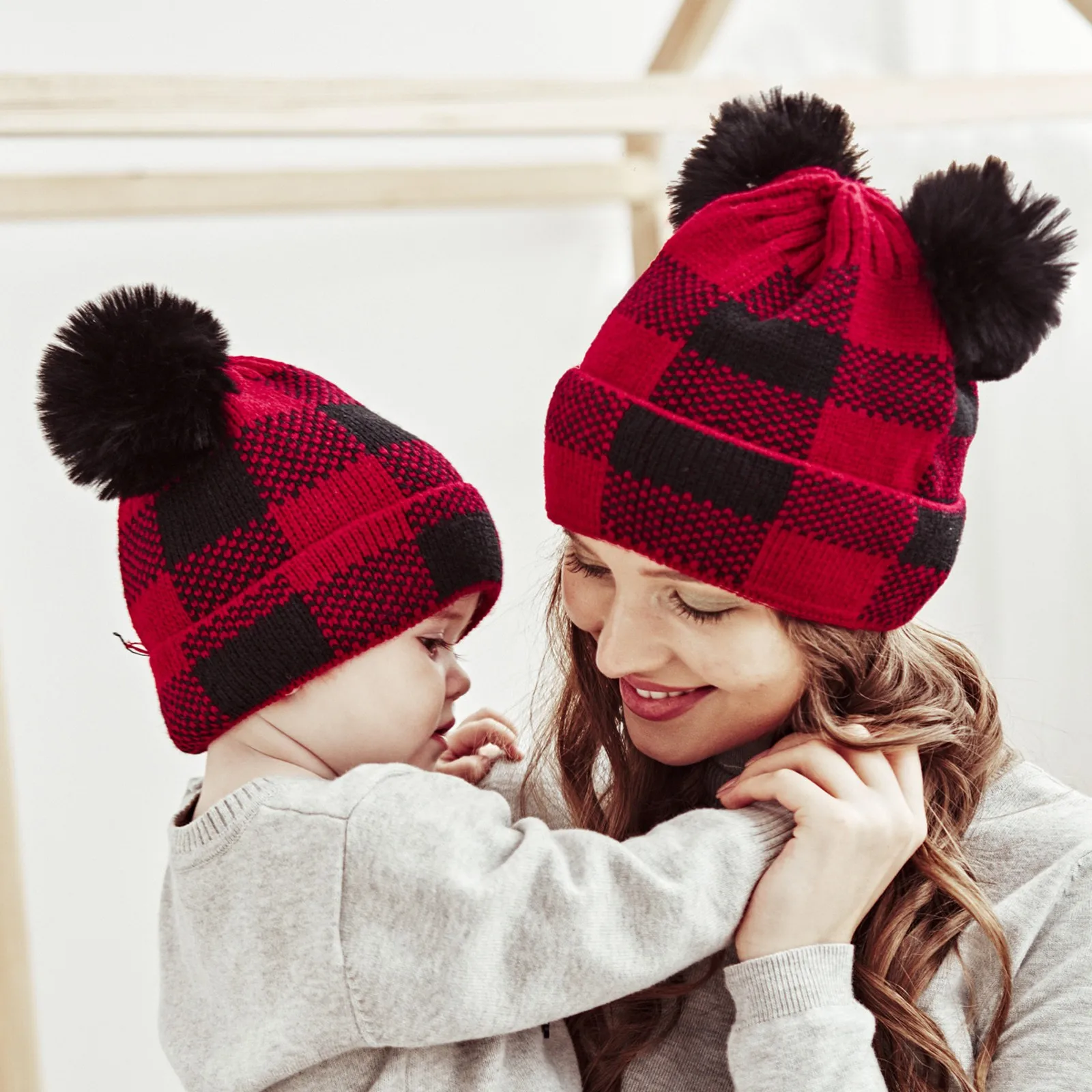 

2pc Kids Toddler Baby Winter Beanie Hat, Wome Hat Children's Warm Knit Thick Ski Cap Pompom With For Babys Warm Parent-child Hat