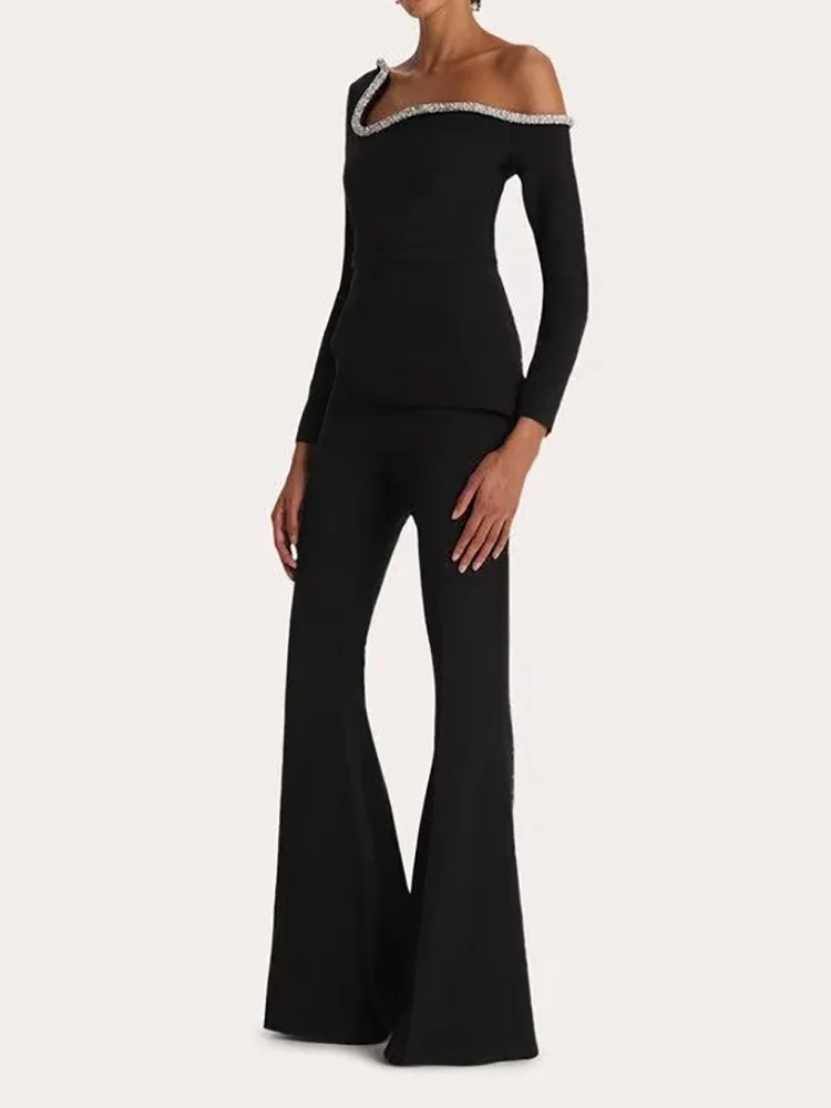 Брюки-клеш однотонные лоскутные модные комбинезоны с длинными рукавами на весну