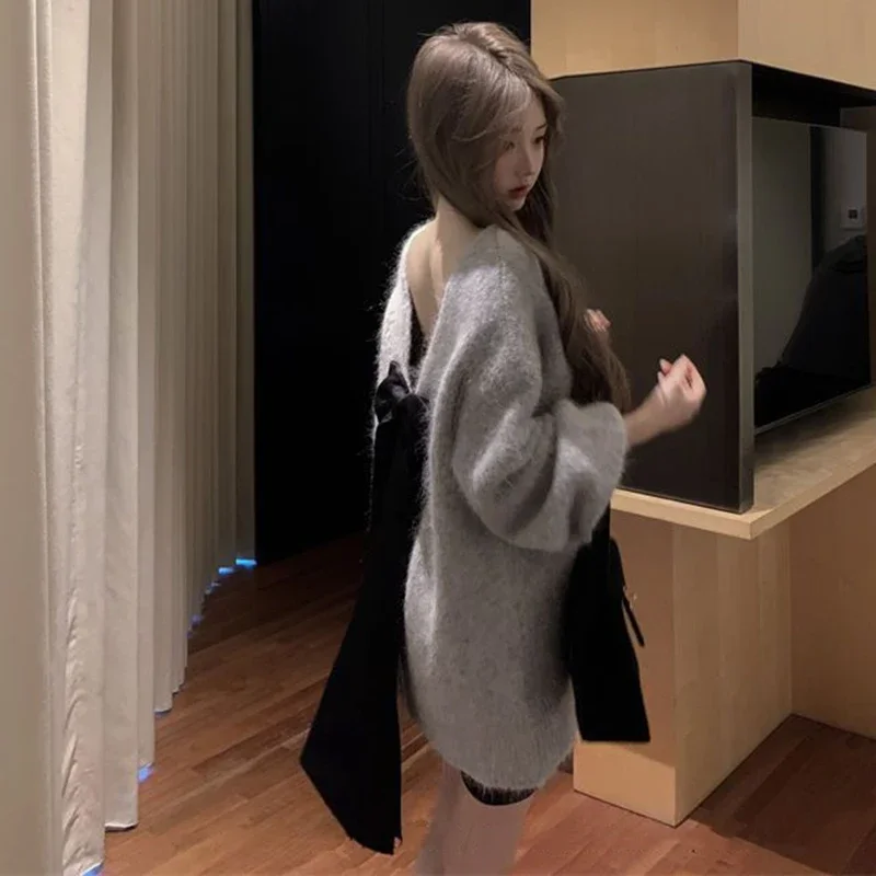 Вязаный свитер большого размера женский вязаный с открытой спиной осень-зима