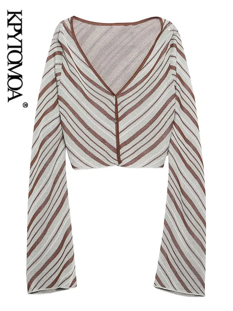 

KPYTOMOA Women Fashion Front Button Striped Crop Knit Cardigan Sweater Vintage V Neck Long Sleeve Female Outerwear Chic Tops